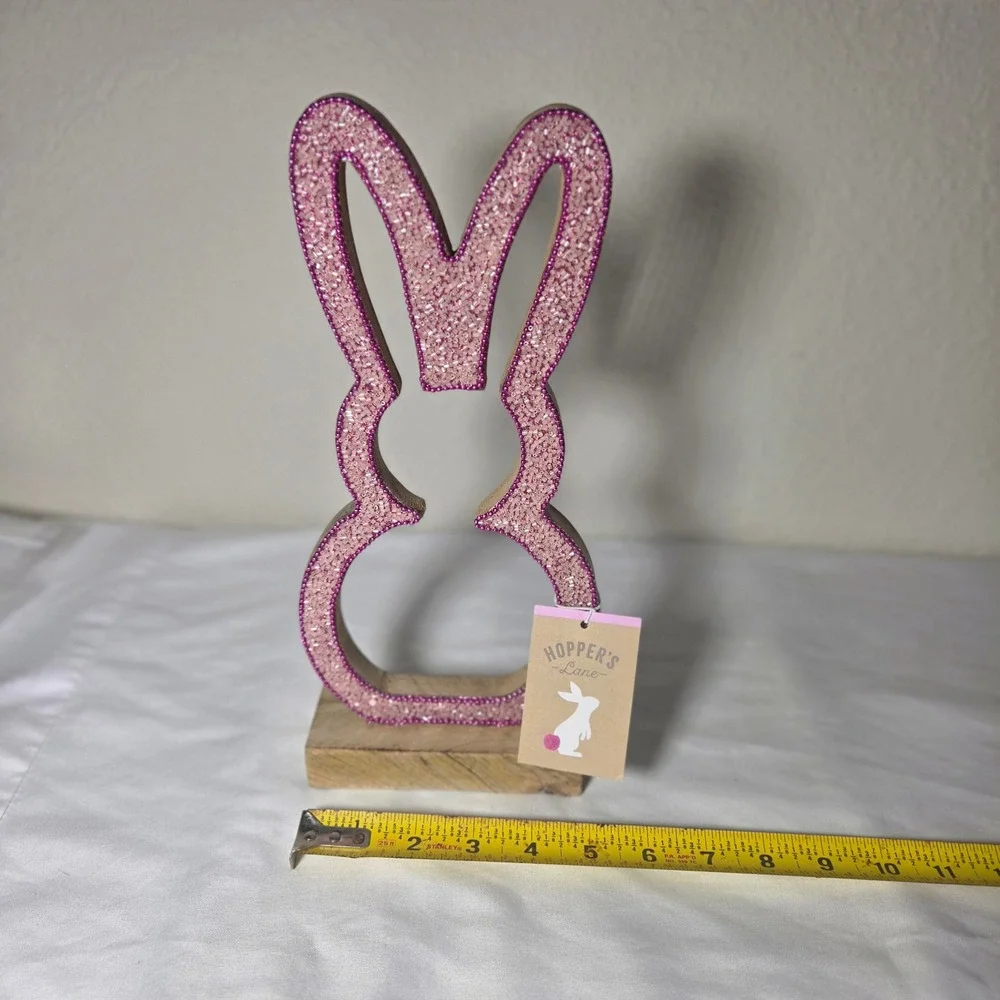 Hoppers Lane Pink Beaded Wood Bunny Silhouette Easter Decor Figurine 12 Inch